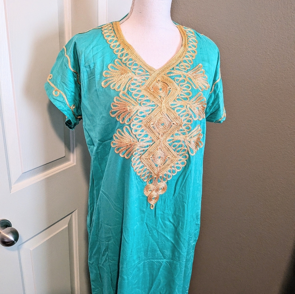 Turquoise Kaftan with Gold Embroidery - Picture 2 of 5